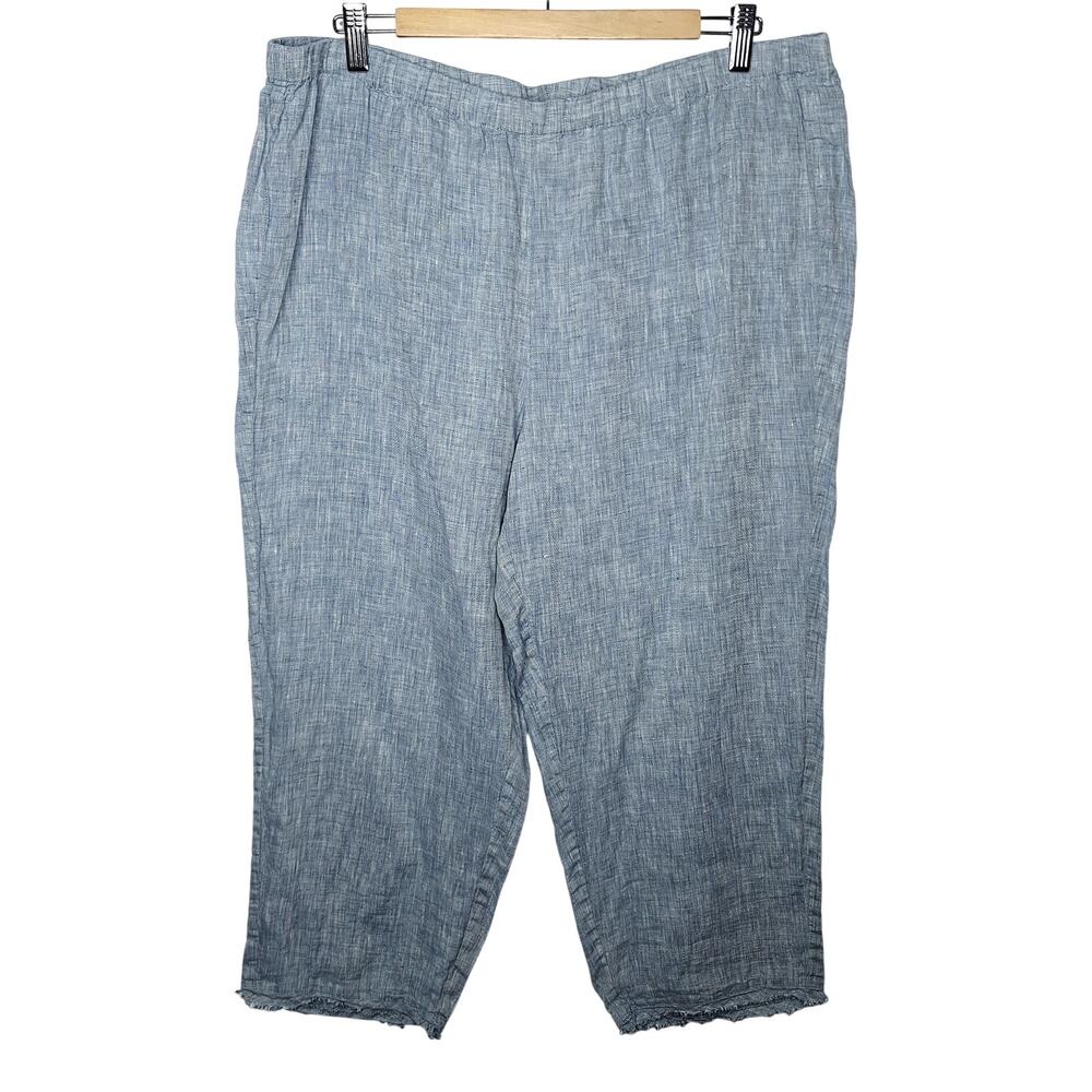 Eileen Fisher 100% Organic Linen Pants L Pull On Crop Fray Hem Lagenlook Coastal